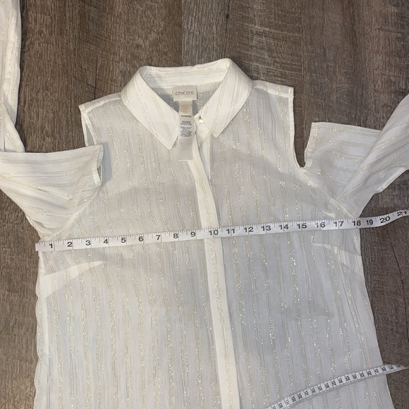 Chico’s Cream with Metallic Gold Stripe Cold Shoulder Long Sleeve Button Blouse - Picture 13 of 16